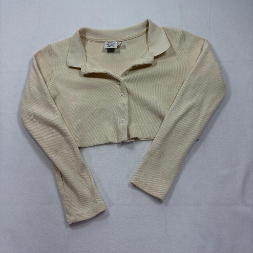 Princess Polly Cream Ribbed Cropped Cardigan Button Front Collared Top Sz 2